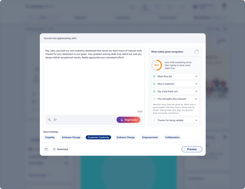 Vantage Circle Rewards recognition composer interface with guided prompts, quality score indicator, and hashtag selection.