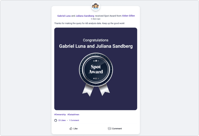 Spot award post in Vantage Rewards recognizing an employee in the moment for outstanding work