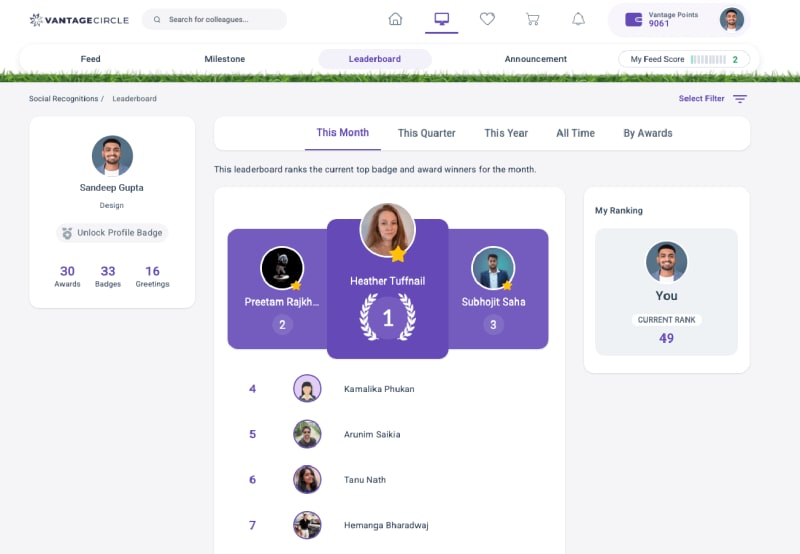 Vantage Rewards leaderboard dashboard showing recognition rankings across teams and time periods