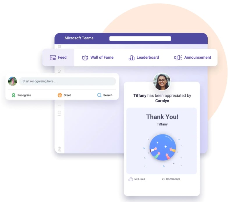 Vantage Circle Vantage Recognition inside Microsoft Teams showing a peer appreciation post in the recognition feed