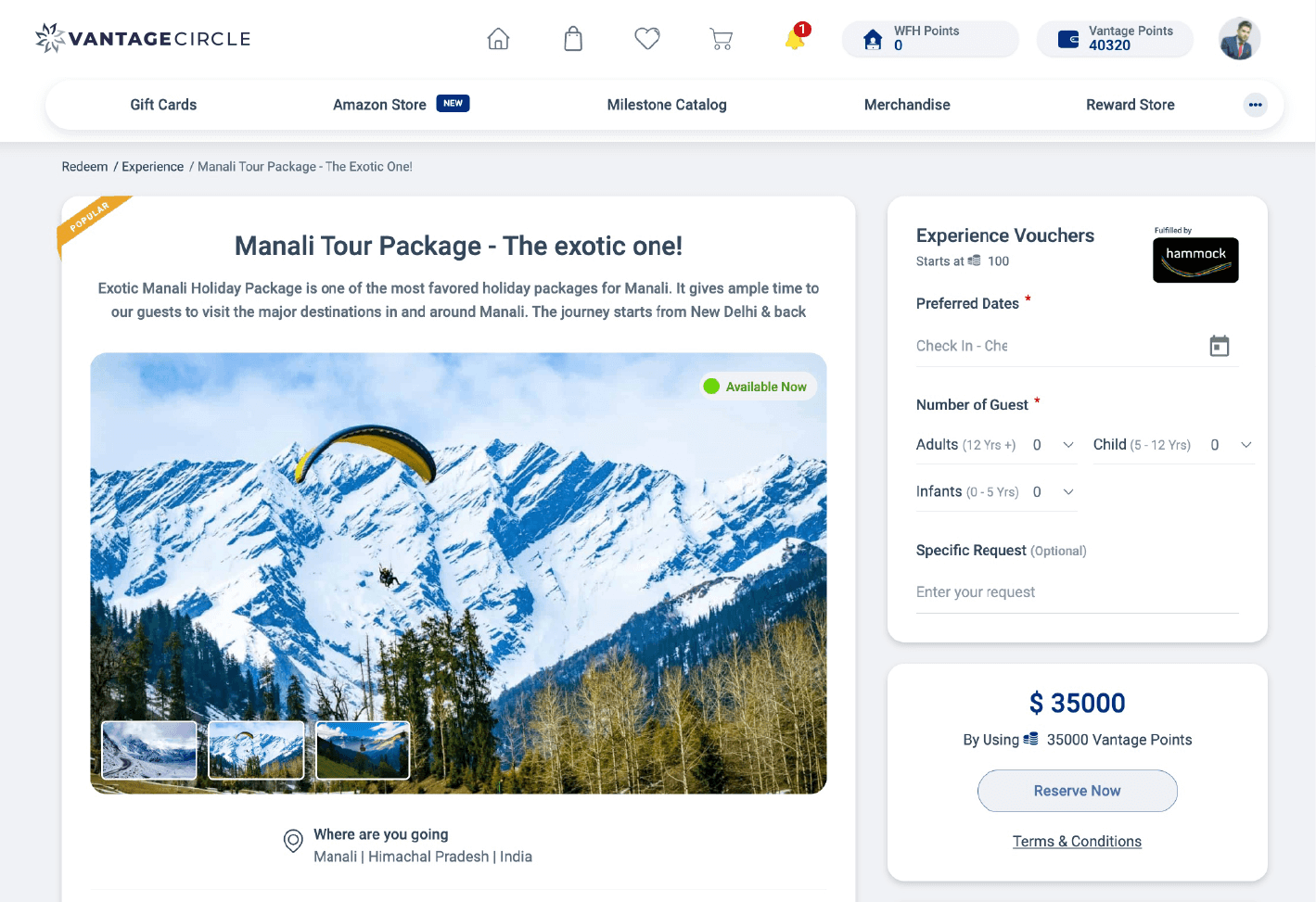 Échange de points contre un coffret expérience dans Vantage Rewards