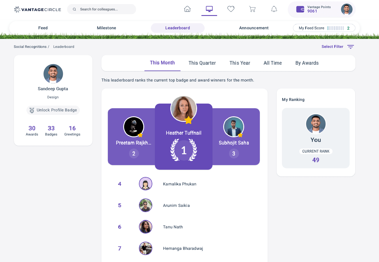 Gamified leaderboard dashboard in Vantage Rewards