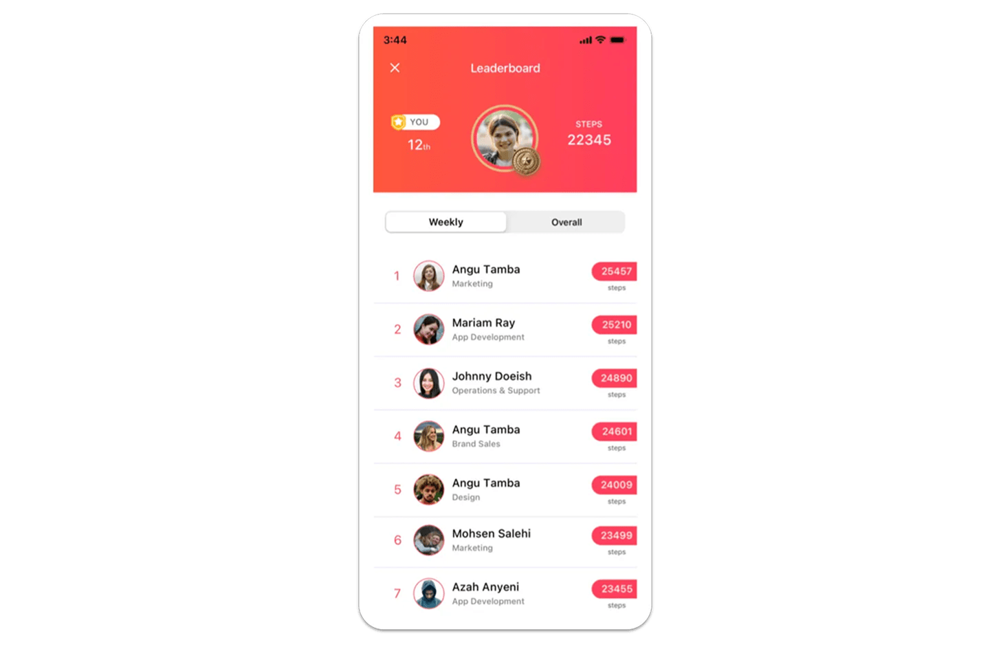 Vantage Fit real-time leaderboard showing team rankings for a corporate step challenge