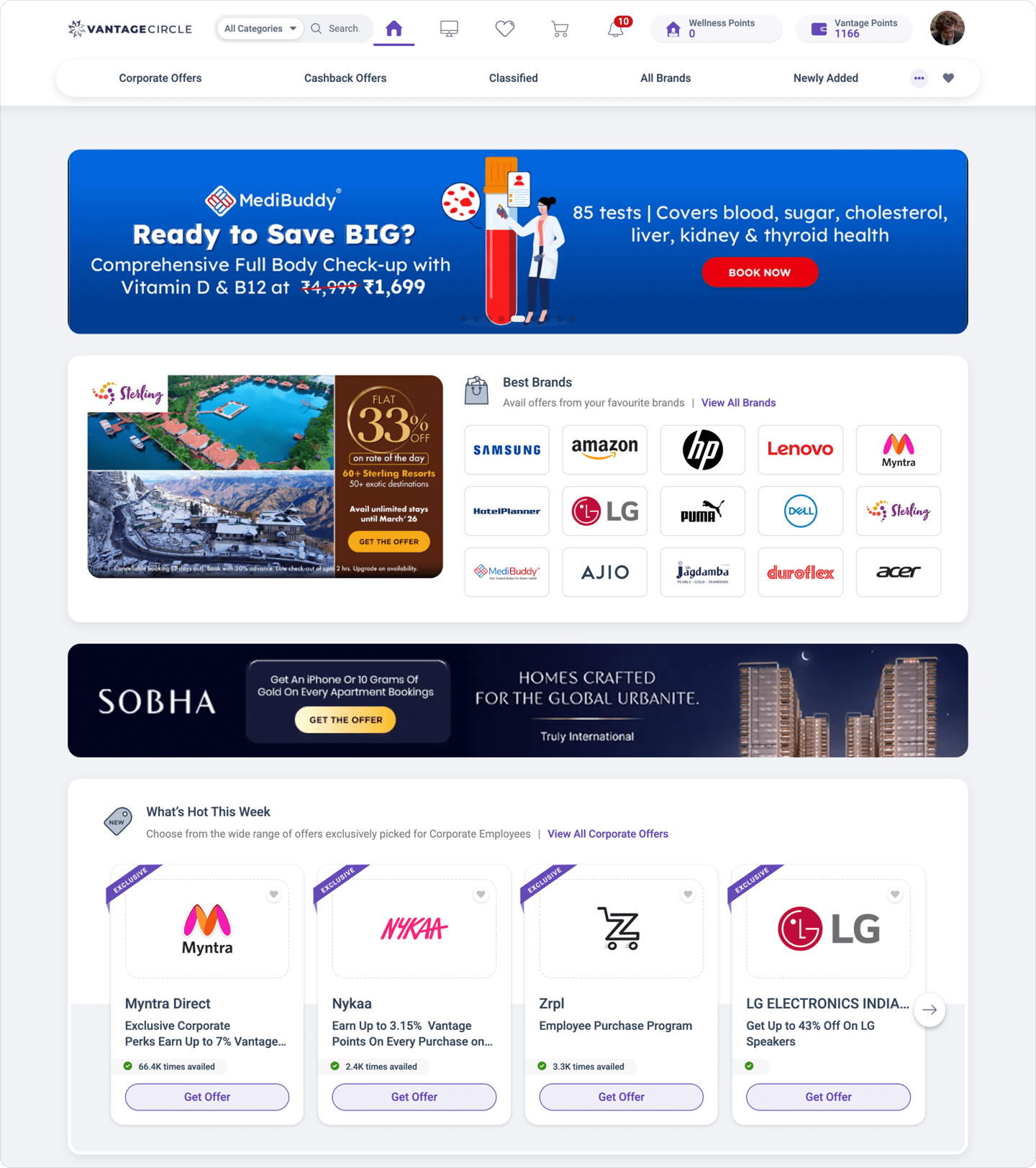 Vantage Perks personalised financial wellness benefits screen with curated offers and reward points – Vantage Circle