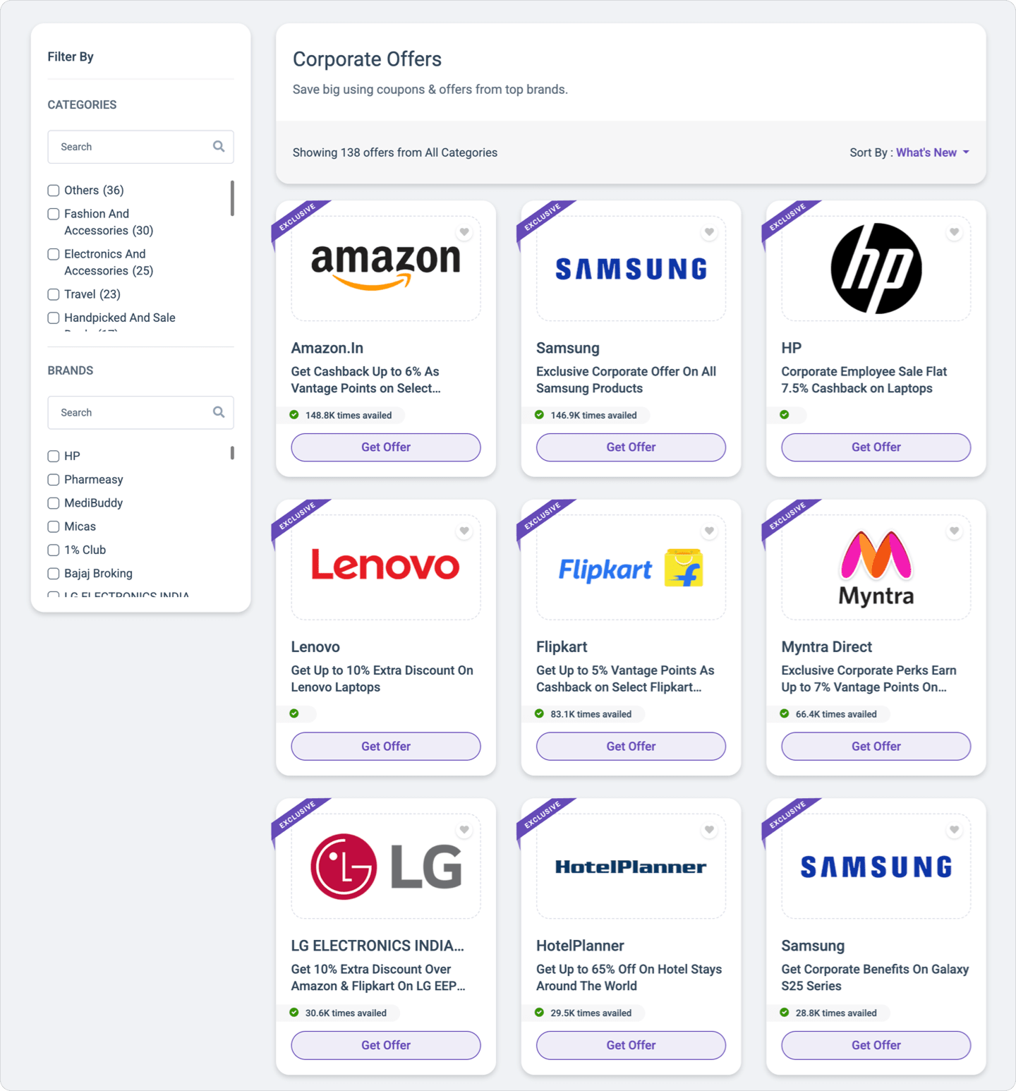 Vantage Perks corporate offers catalog displaying branded discounts, category filters, and cashback options