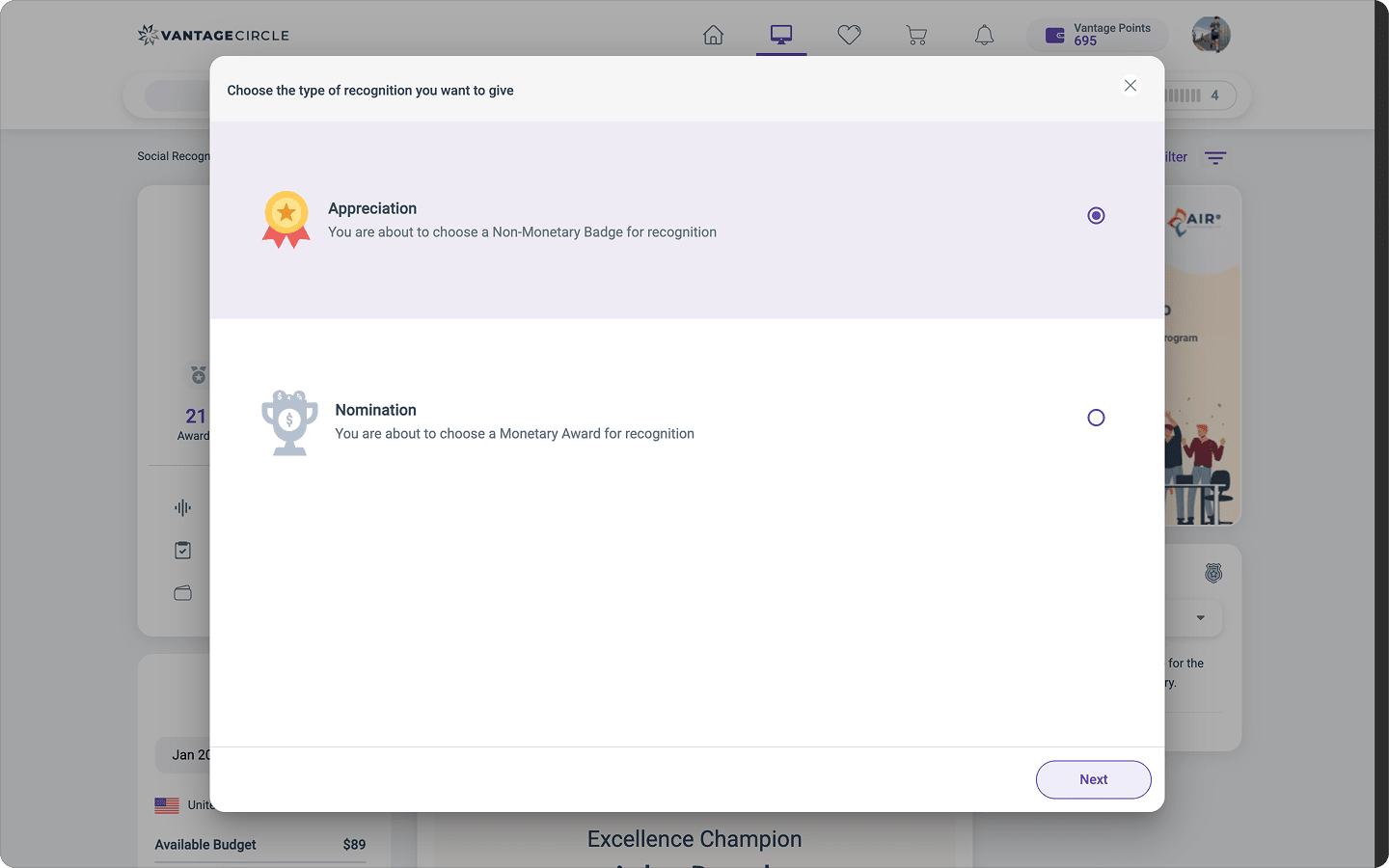 Vantage Circle Vantage Rewards recognition type selection showing peer-to-peer monetary and non-monetary recognition options