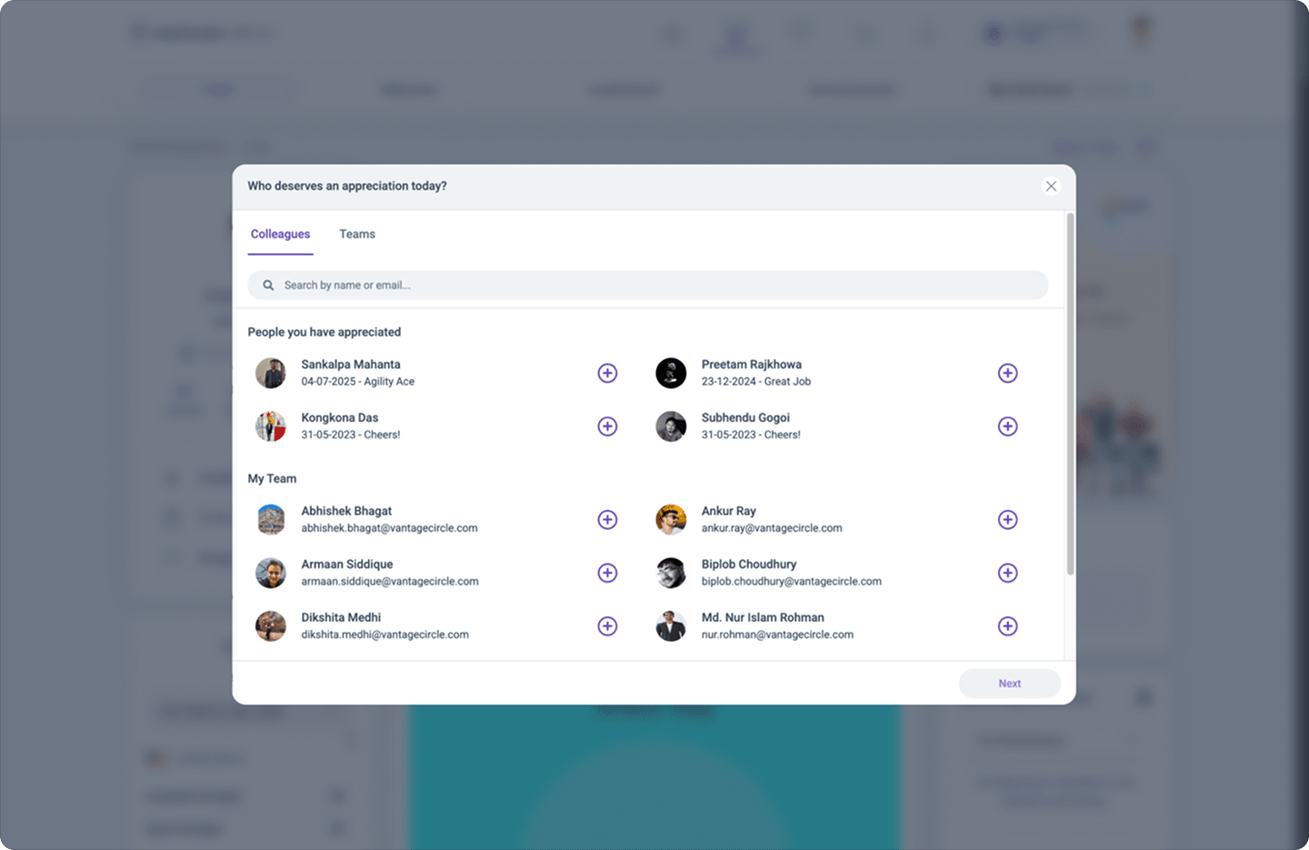 Vantage Rewards user selection popup for choosing colleagues or teams to recognize
