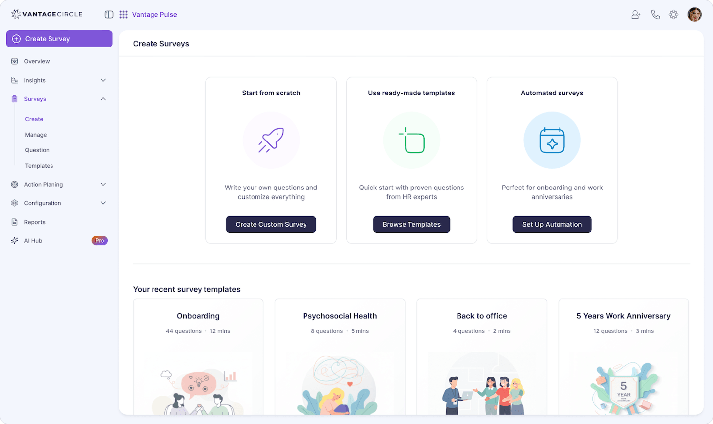 Vantage Pulse survey creation dashboard for building and launching pulse surveys.