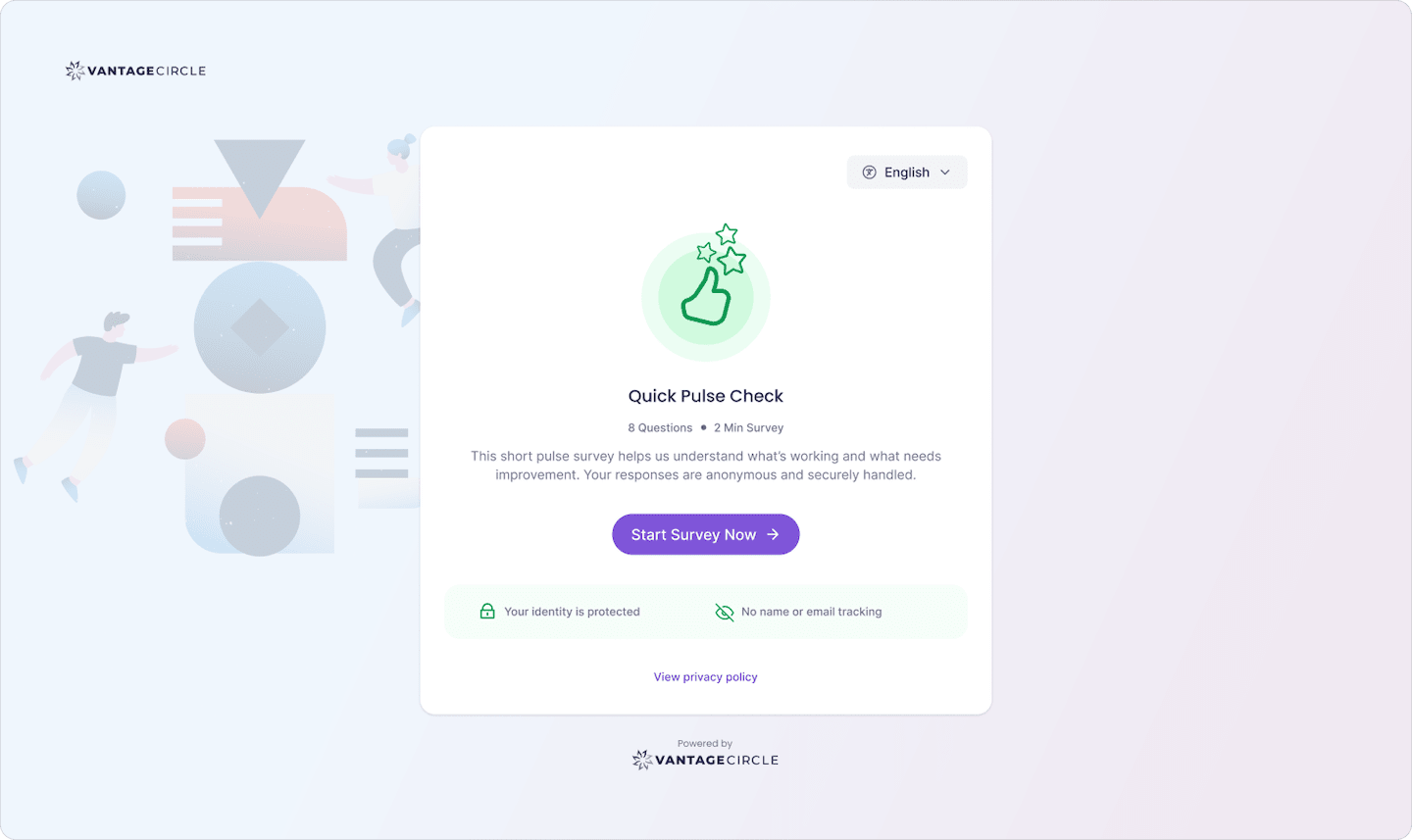 Vantage Pulse employee survey attempt page showing trust badges and anonymity confirmation