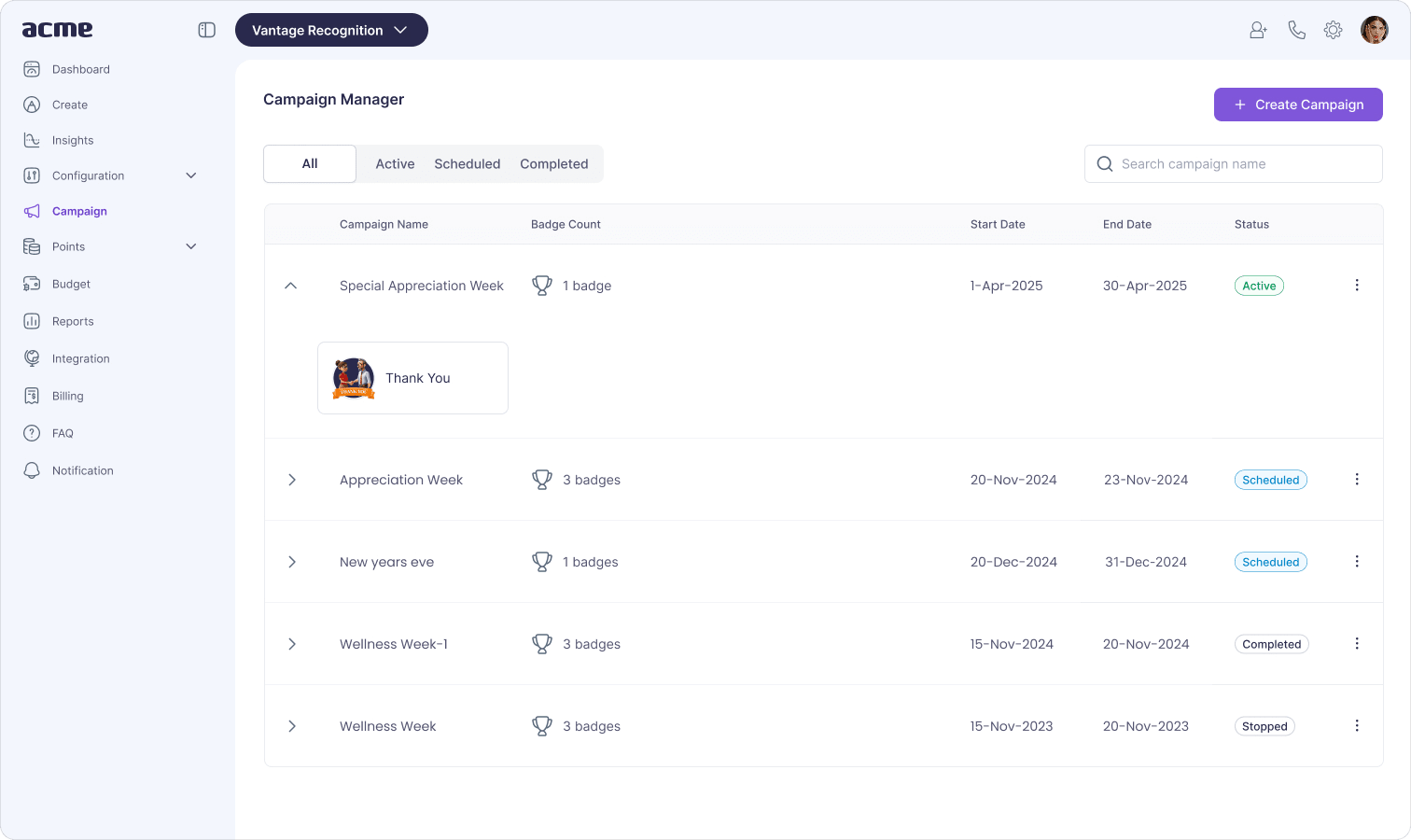 Vantage Circle campaign management view with lifecycle actions, filters, and operational controls to monitor recognition programs in real time