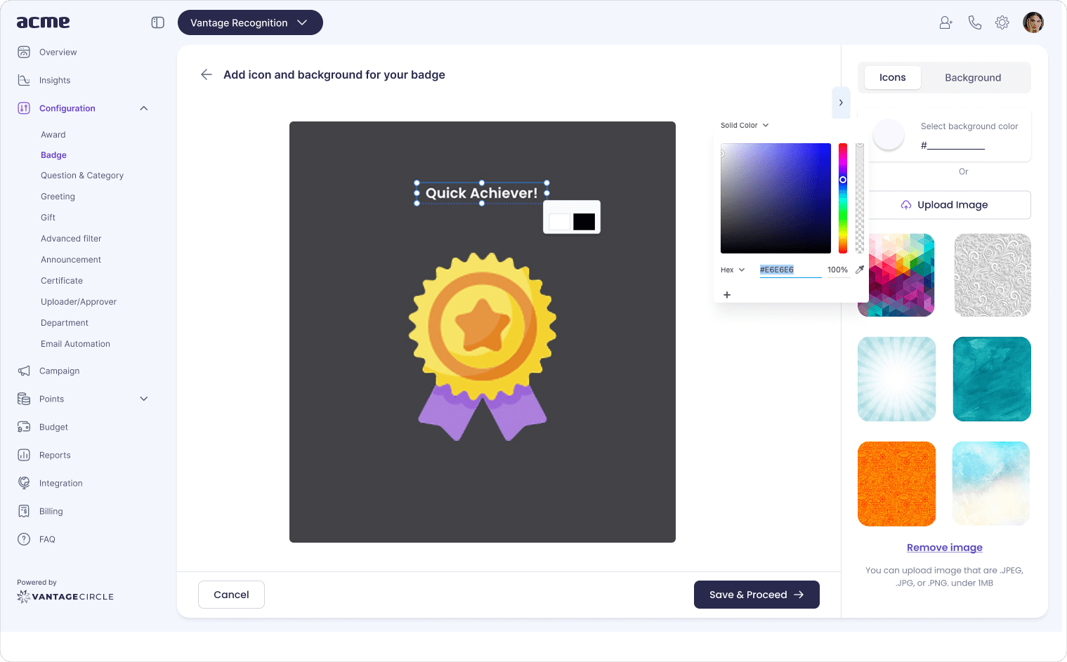 Badge design screen in Vantage Recognition with a name, icon, and background for a Quick Achiever badge