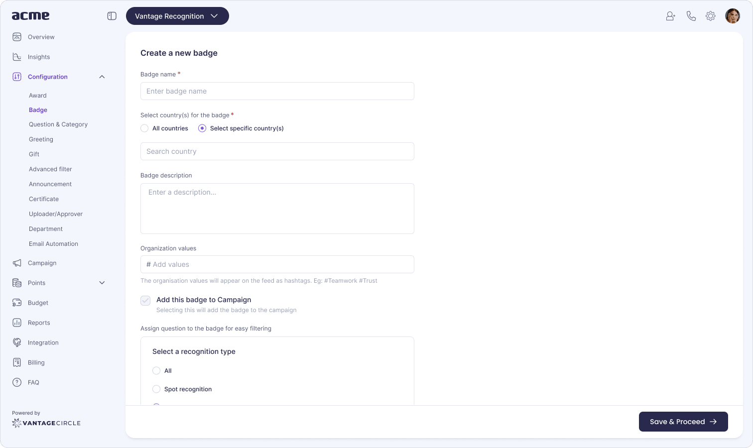 Badge creation screen in Vantage Recognition where admins add organization values and assign a badge to a campaign