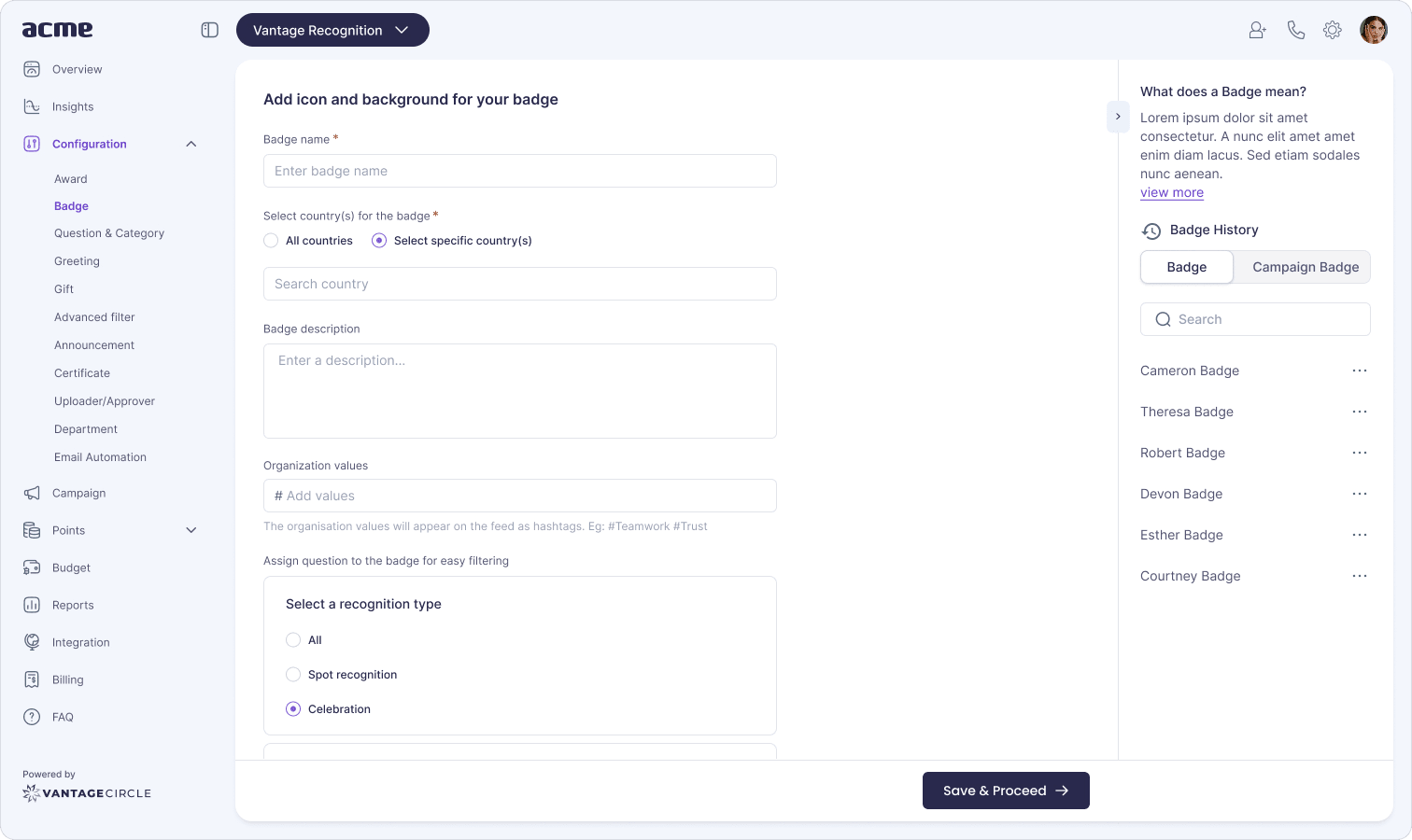 Vantage Rewards badge creation workspace showing naming, visual configuration, category tagging, and assignment-ready controls