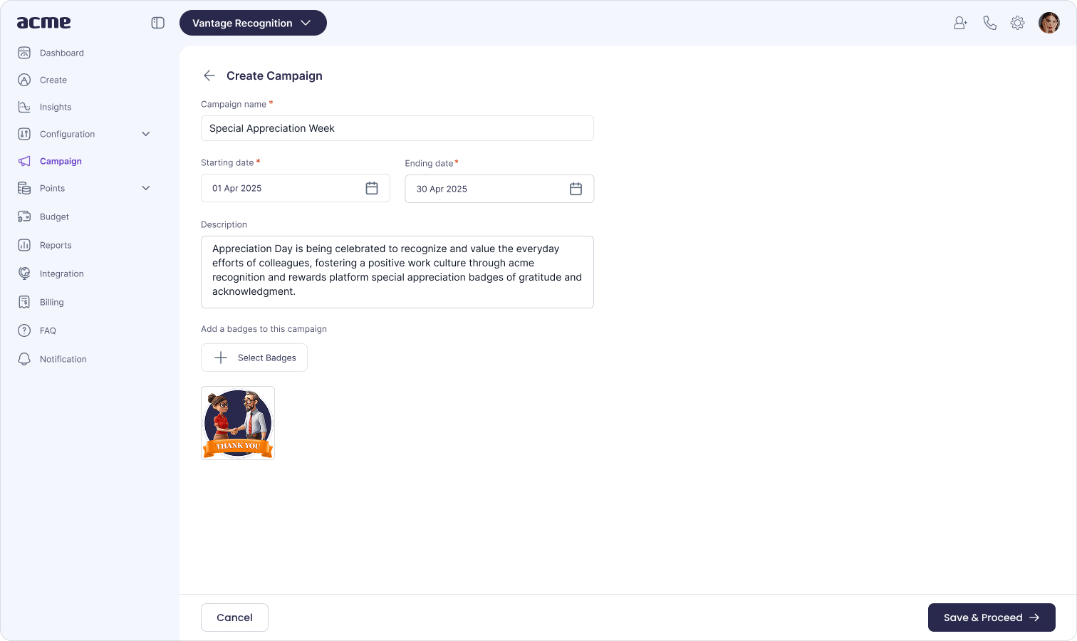 Vantage Recognition create campaign screen for setting up a Diwali week recognition campaign
