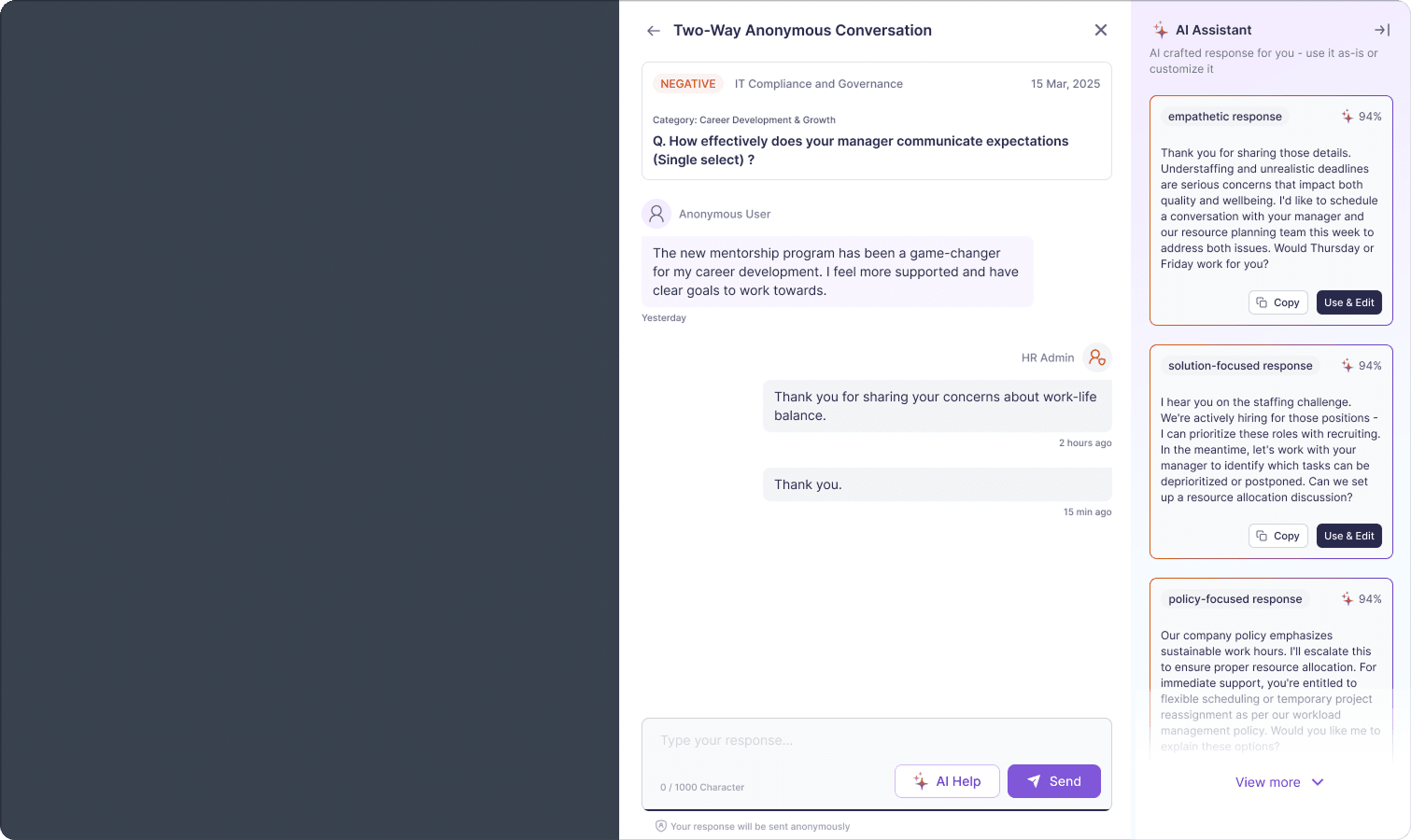 Vantage Pulse two-way anonymous conversation with AI-assisted HR response drafting