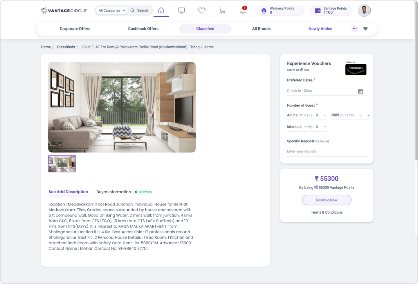 Vantage Perks experience vouchers screen with a booking panel for employee rewards