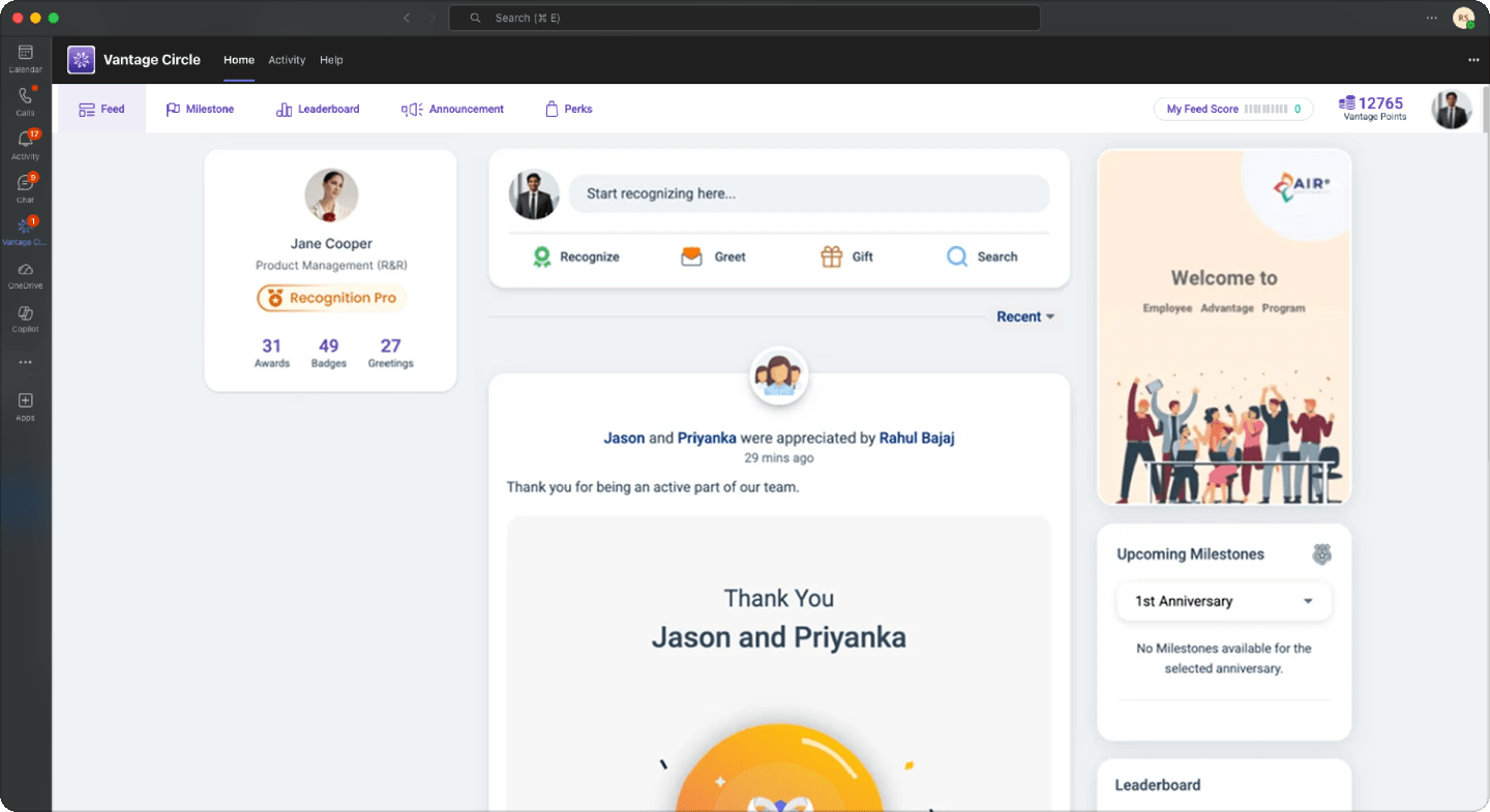 Vantage Recognition activity feed showing peer and manager recognition with milestone highlights