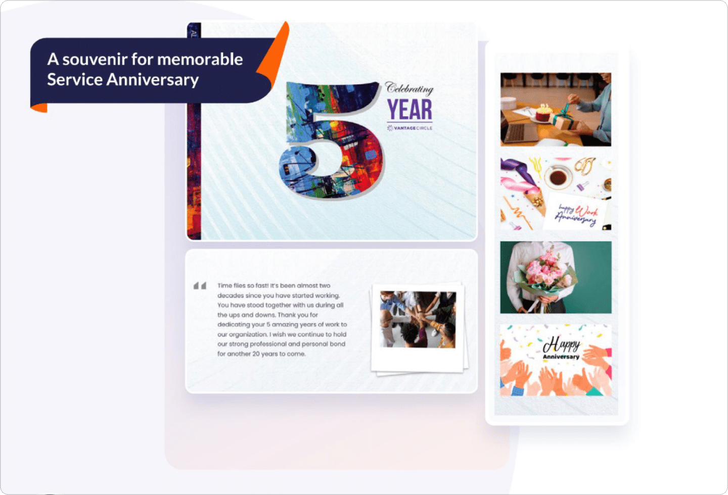 Vantage Rewards service yearbook experience celebrating work anniversaries with commemorative cover art, personalized message panel, and curated anniversary memories