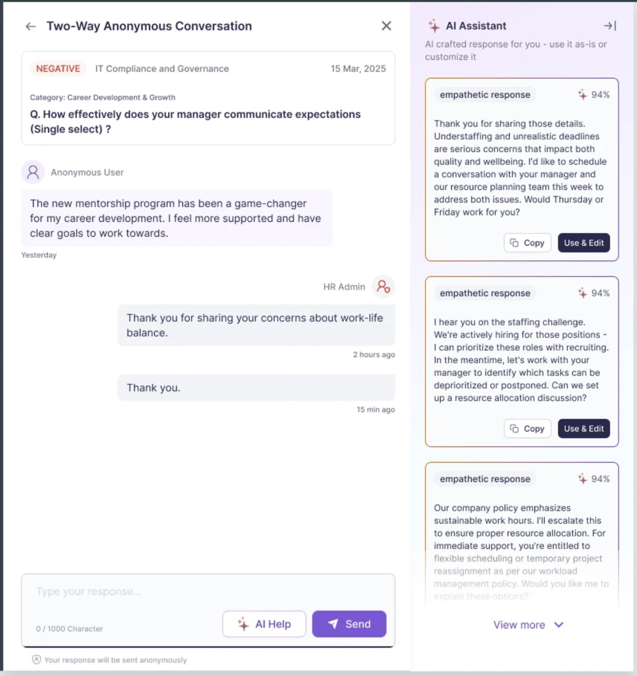 Vantage Pulse two-way anonymous feedback conversation between a manager and an employee