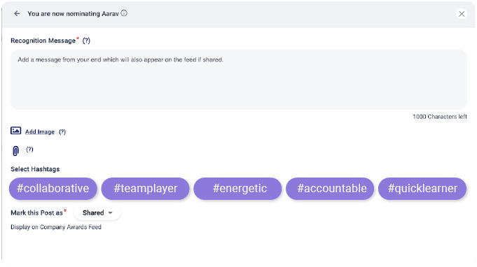 Vantage Recognition nomination screen where a recognition message is tagged with company value hashtags such as #collaborative, #teamplayer, and #accountable